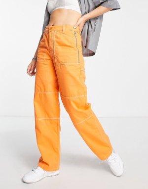 Оранжевые прямые брюки с отворотами на поясе Workwear Topshop