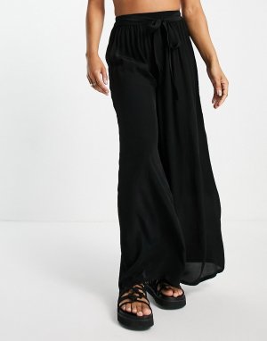 Черные пляжные брюки с широкими штанинами и завязкой -Черный цвет ASOS DESIGN