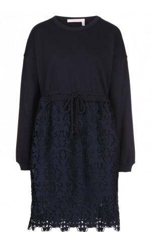 Хлопковое мини-платье с кружевной юбкой See by Chloé. Цвет: темно-синий