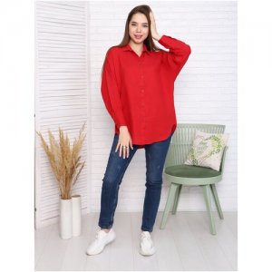 Красная блузка оверсайз с длинным рукавом, летняя женская рубашка изо льна больших размеров 44-46 МАДИС. Цвет: красный
