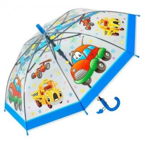 Зонт детский матово прозрачный для мальчиков Транспорт со свистком с голубой ручкой Baziator