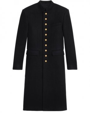 Пальто в стиле милитари из шерстяной ткани Celine, черный CELINE