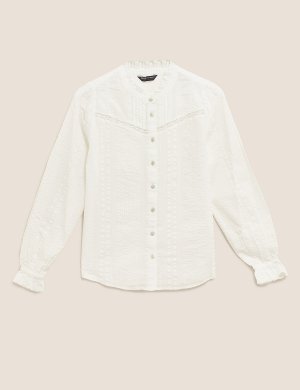Блузка из чистого хлопка с кружевной вставкой и защипами, Marks&Spencer Marks & Spencer. Цвет: слоновая кость