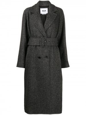 Пальто в елочку с поясом MSGM. Цвет: черный