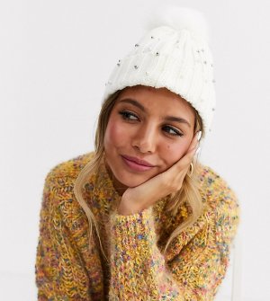 Эксклюзивная зимняя шапка-бини белого цвета с помпоном и искусственным жемчугом -Белый Stitch & Pieces