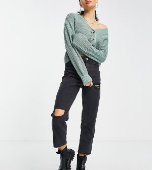 Черные джинсы в винтажном стиле с эффектом кислотной стирки и рваной отделкой -Черный New Look Petite