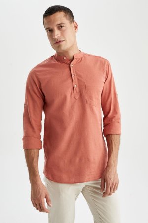 Льняная рубашка с длинным рукавом и зауженным воротником , оранжевый DeFacto