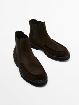 Коричневые замшевые ботинки «челси» с деталией моко-носок , коричневый Massimo Dutti