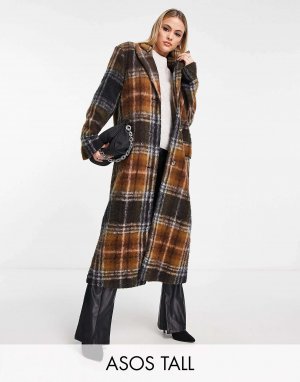 Коричневое пальто из смесовой шерсти в клетку ASOS DESIGN Tall Dad. Цвет: коричневый