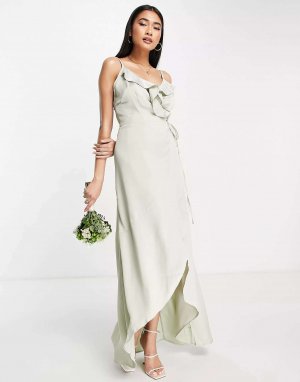 Атласное платье с запахом Bridesmaid шалфейно-зеленого цвета TFNC