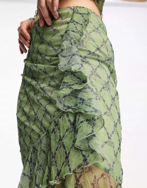 Зеленая клетчатая юбка миди с рюшами Reclaimed Vintage