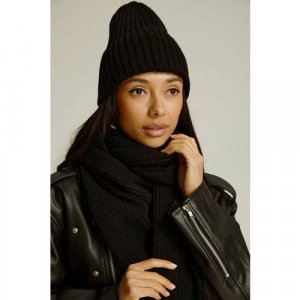 Комплект бини Шапка и шарф женские из шерсти мериноса, черный, размер OneSize, черный EDGE. Цвет: черный