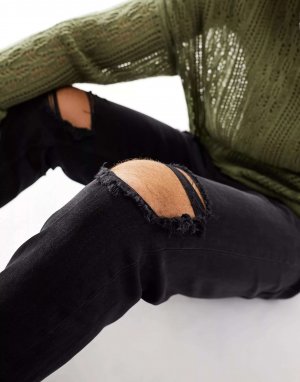 Черные эластичные джинсы с рвами и рваными краями ASOS