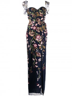 Длинное платье с цветочной вышивкой и оборками Marchesa Notte. Цвет: синий