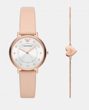 AR80058 женский комплект из кожаных часов и браслета телесного цвета Emporio Armani