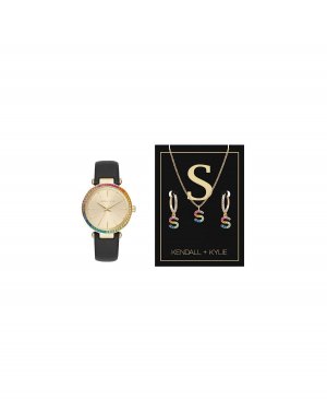 Женские аналоговые часы с черным кожаным ремешком, 38 мм, подарочный набор , черный Kendall + Kylie