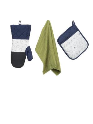 Набор кухонных принадлежностей с неопреном : рукавица, прихватка, полотенце ТекСтиль для дома. Цвет: синий, зеленый