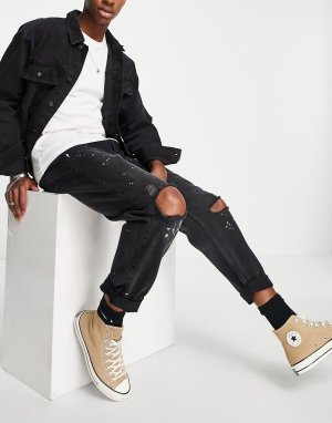 Свободные джинсы выбеленного черного цвета с рваными разрезами и эффектом брызг краски -Черный Topman