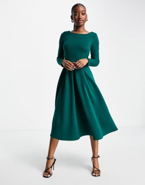 Приталенное платье мидакси темно-зеленого цвета со свободной юбкой -Зеленый Closet London