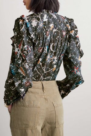 ULLA JOHNSON блузка Manet из смесового хлопка с оборками и вуалью, военно-морской