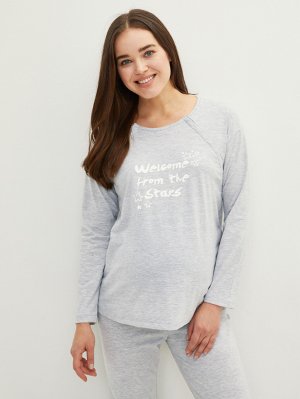 Пижамный комплект для беременных с длинными рукавами и принтом круглым вырезом надписью LCW Dream