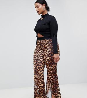 Расклешенные брюки с леопардовым принтом и разрезами Lasula Plus. Цвет: мульти