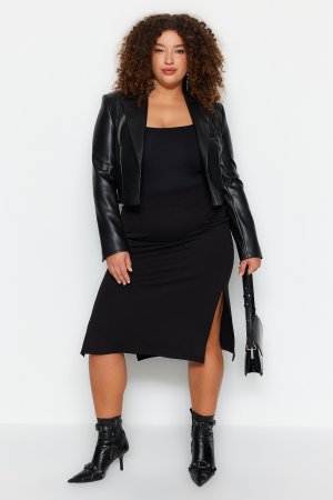 Черная однотонная базовая трикотажная юбка больших размеров , черный Trendyol