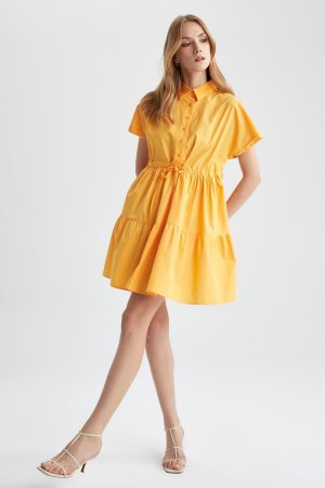 Мини-платье из 100% хлопка поплина с короткими рукавами и воротником-рубашкой , желтый DeFacto