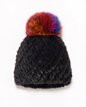 Женская шапка из черного меха норки с помпоном разноцветного песца , черный Maximilian