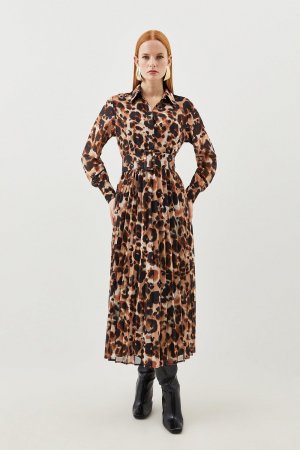 Плиссированное платье-рубашка миди из жоржета с размытым рисунком животных , мультиколор Karen Millen