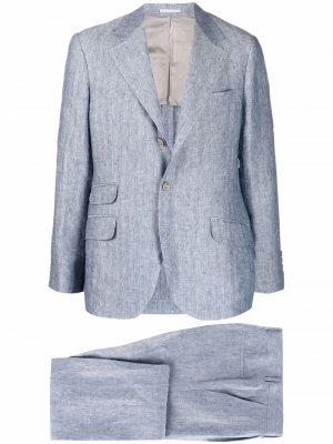 Костюм с однобортным пиджаком и узором в елочку Brunello Cucinelli. Цвет: синий