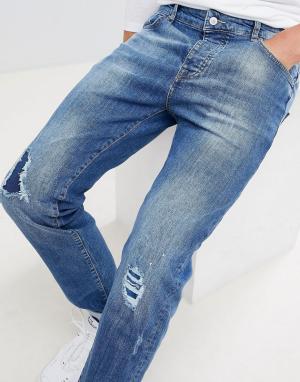 Синие узкие джинсы с заплатками -Синий Mennace