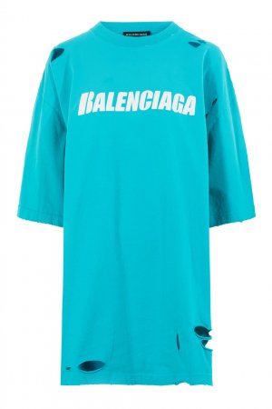 Голубая футболка с разрезами и логотипом Balenciaga. Цвет: голубой