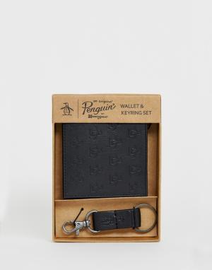 Подарочный набор из кожаного кошелька для монет и кольца ключей Original Penguin. Цвет: черный