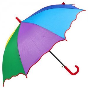 Зонт детский трость Радужный для мальчиков и девочек с волнистой кромкой рисунком Радуга, полуавтоматический зонт-трость, красная ручка Baziator. Цвет: зеленый/фиолетовый/красный/желтый/голубой/синий/розовый