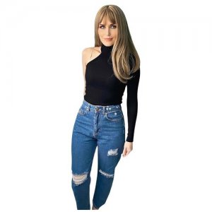 Женские джинсы с высокой посадкой Мом Турция рваные / летние стильные Mom. Цвет: синий