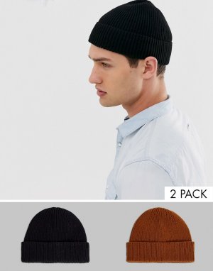 Набор из 2 шапок-бини табачного/черного цвета ASOS DESIGN