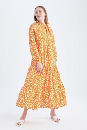 Платье из поплина с цветочным принтом и длинными рукавами, полуводолазка свободного кроя , оранжевый DeFacto