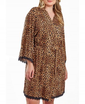 Большой размер леопардовый халат с поясом на завязках и кружевной отделкой по подолу iCollection