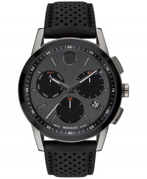 Мужские швейцарские часы-музейный хронограф с черным перфорированным кожаным ремешком, 43 мм Movado
