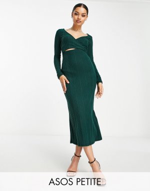 Бутылочно-зеленое платье макси из сверхмягкой ткани с длинными рукавами и запахом ASOS DESIGN Petite