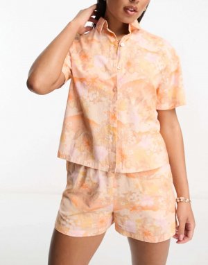 Оранжевая курортная рубашка в льняном стиле с тропическим цветочным принтом Miss Selfridge