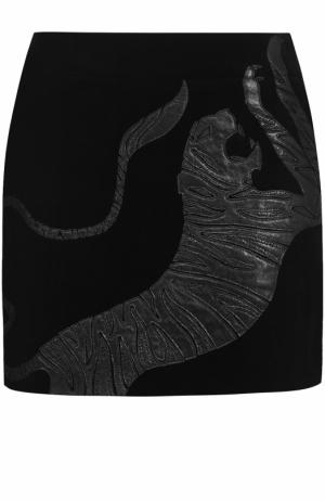 Бархатная мини-юбка с кожаной отделкой Saint Laurent. Цвет: черный