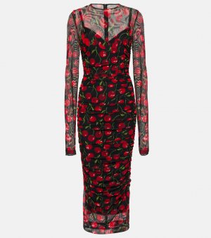 Платье миди из тюля с вишневым принтом , мультиколор Dolce&Gabbana