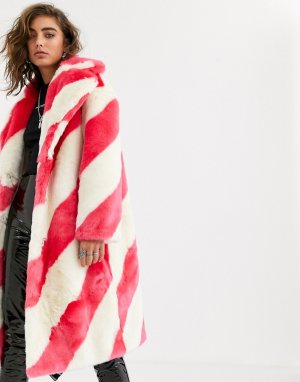 Длинное пальто из искусственного меха в карамельную полоску -Розовый Jakke