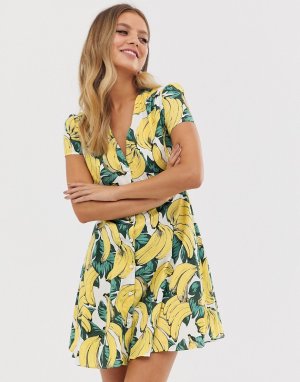 Короткое приталенное платье с принтом бананов и пуговицами -Мульти Glamorous