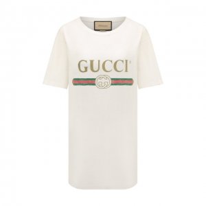 Хлопковая футболка Gucci. Цвет: кремовый