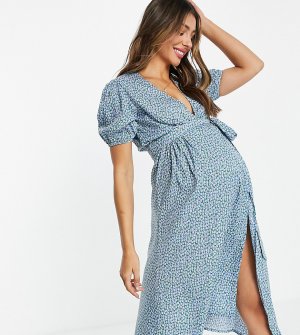 Синее платье миди с запахом и мелким цветочным принтом -Голубой Influence Maternity