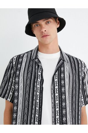 Летняя рубашка с отложным воротником и коротким рукавом этническим принтом , черный Koton