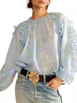 Блуза Ramie с оборками и цветочным принтом , синий Cynthia Rowley